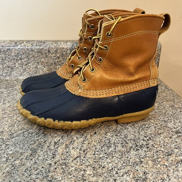 LL BEAN Duck Boots Maine Hunting Shoe Womens Size 7 Brown / Blue‎ GUC - Picture 1 of 12